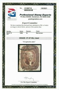 1856 United States Postage Stamp #12 Used VF/XF Grade 85J Certified 