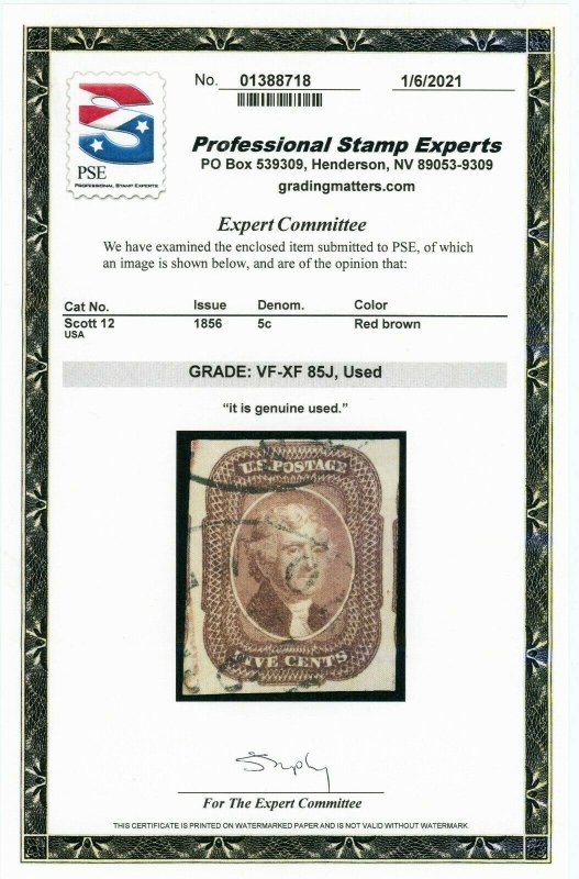 1856 United States Postage Stamp #12 Used VF/XF Grade 85J Certified 