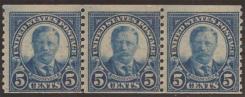 US Stamp - 1924 5c Roosevelt - Coil Perf 10 3 Stamp Strip MNH #602