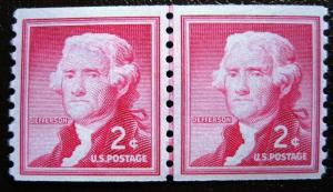 USA 1055a, 2c Jefferson coil, small holes, tagged, Line P...