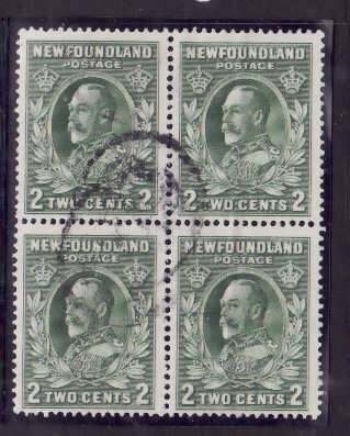 Newfoundland-Sc#186-used block 2c green KGV-Die II-1932-7-used NWF blocks