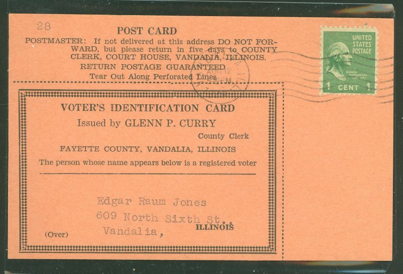 US 804 A 1c prexy franked this postcard which contained a voter identification card.