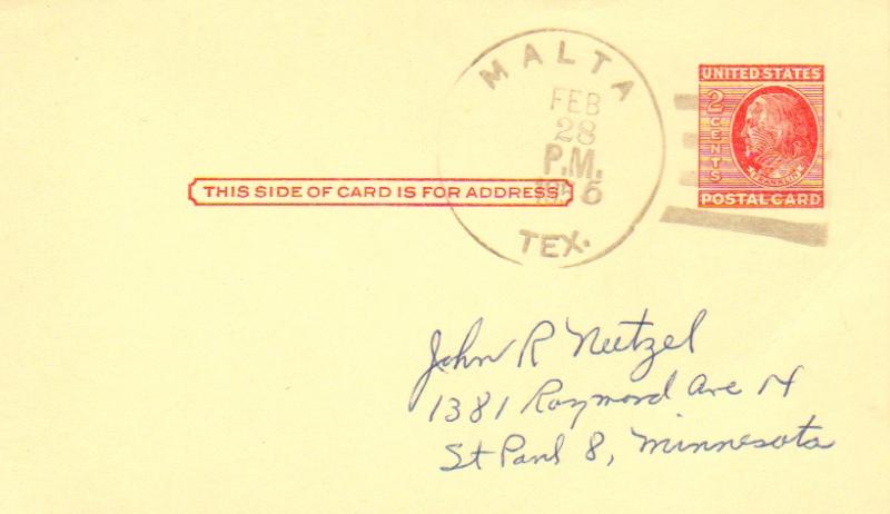 United States Texas Malta 1955 4f-bar  1896-1955  Postal Card  Philatelic.