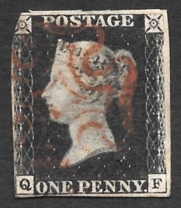 Penny Black, Scott # 1, QF, Red Maltese Cross Cancel, SG # 2, Great Britain, U