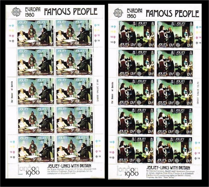 1980 - Europe CEPT Sheet Great Britain-Jersey Mi.219-222 - 2 sheets with 10 p...