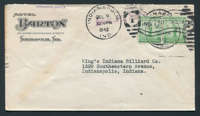 1942 Hotel Barton - Indianapolis, Indiana - Returned for Postage