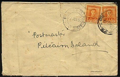 PITCAIRN 1953 inwards cover from New Zealand with cds on front.............19518