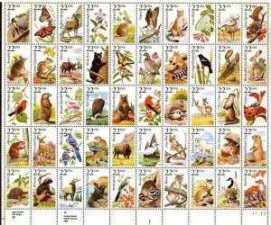 North American Wildlife Complete Sheet of Fifty 22¢ Stamps Scott 2286-35