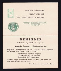 US REPLY CARD ENTIRE REVALUED SCOTT #UY14 (PM4 + PR4) 1951 PREPRINTED MASONIC