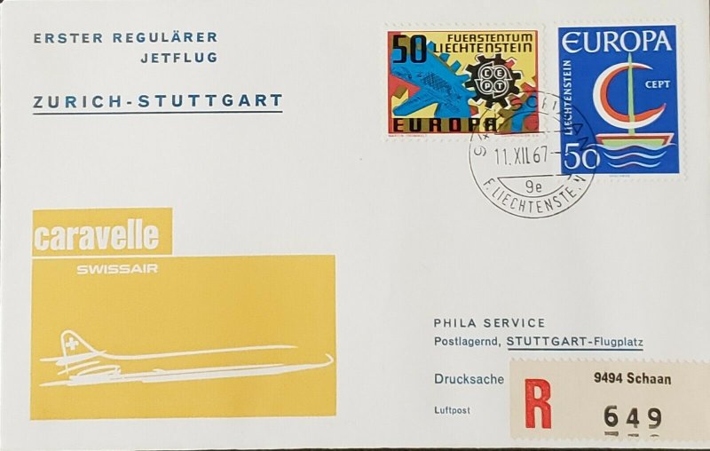 Swissair Liechtenstein 1967 First Flight Stuggart Europa Stamp