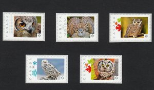 cp. OWLS = Set of 5 Picture Postage Personalized stamps Canada 2015 p15/01ow5