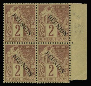 French Colonies, Reunion #18 Cat$33+, 1891 2c brown, block of four, three sta...