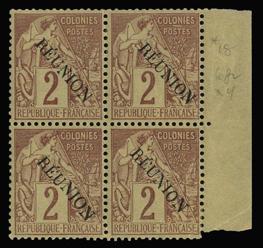 French Colonies, Reunion #18 Cat$33+, 1891 2c brown, block of four, three sta...