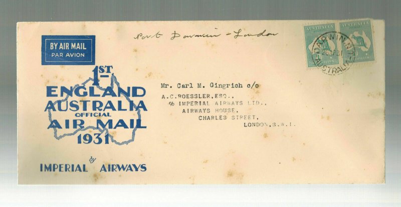 1931 Darwin Australia England Roessler First Flight Cover FFC  Imperial Airways 