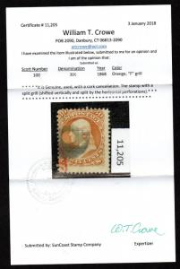 $US Sc#100 used, average, split F grill, Crowe Cert. sound, Cv. $1000