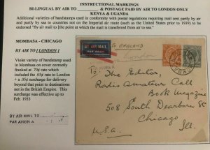 1932 Mombasa Kenya Early Airmail Cover To Chicago IL USA Via London England