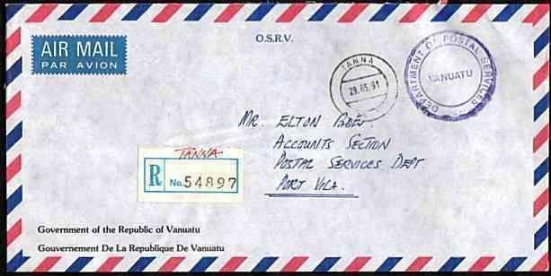 NEW HEBRIDES VANUATU 1991 Offical registered cover TANNA to Port Vila.....33642