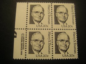 Scott 1862, 20c Harry S. Truman, Copy block of 4 LM,  MNH Great Americans