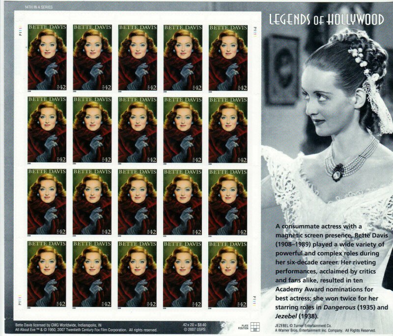 Sc #4350 US SHEET BETTE  DAVIS  42 CENT MNH Legends of Hollywood