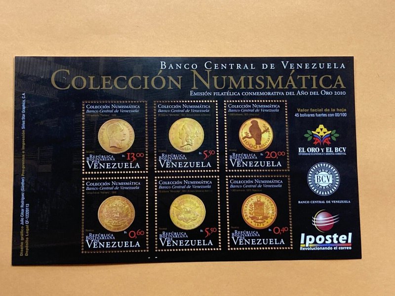 VENEZUELA 2010 COLLECTION NUMISMATICA GOLD COINS SOUVENIR SHEET MINT NH  D8