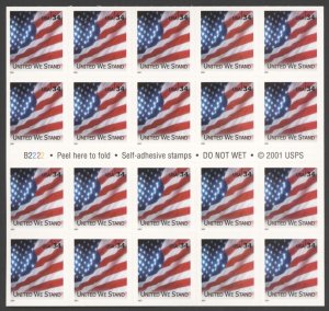 2001 US Scott #3549a, 34c United We Stand Flag, Booklet Pane of 20 MNH