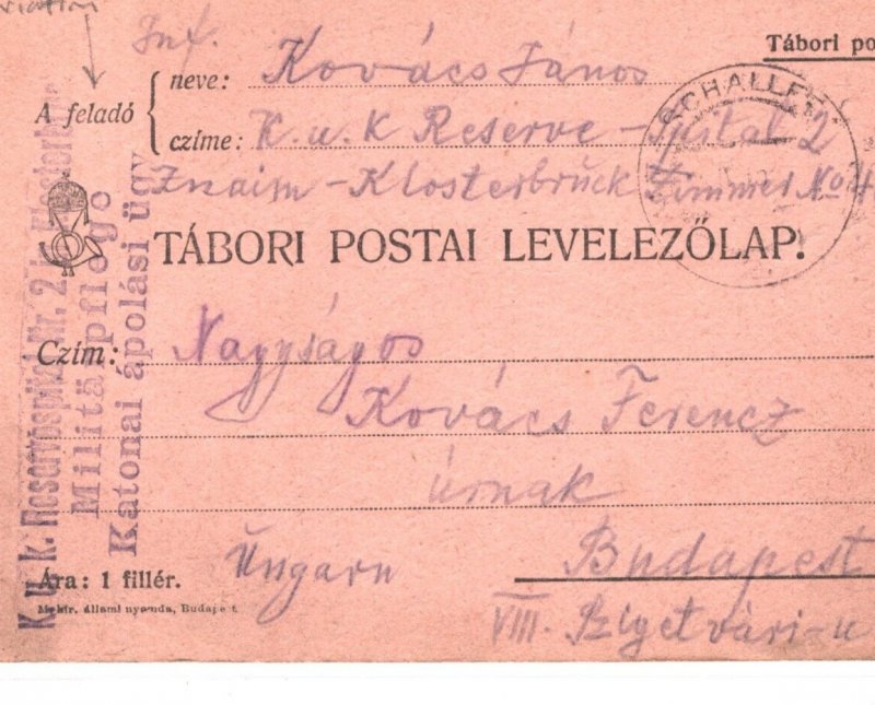 MORAVIA Hungary KuK WW1 Card Military HOSPITAL *ZNAIM-KLOSTERBRUCK* 1915 MA132