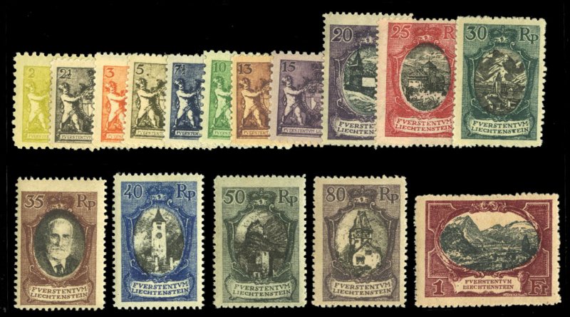 Liechtenstein #54-69 Cat$370, 1921 2rp-1fr, complete set, hinged