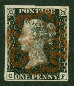 SG 2 1d black plate 4 lettered C.F. Very fine used with a full upright red... 