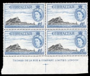 Gibraltar #140 Cat$17, 1953 6p blue and black, imprint block of four, never h...