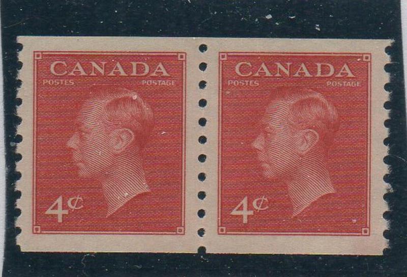 Canada Sc 300 1950 4 c dark carmine G VI coil stamp pair mint NH