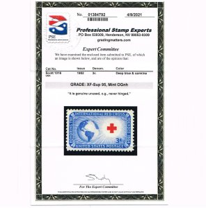 EXCEPTIONAL GENUINE SCOTT #1016 MINT PRISTINE OG NH PSE CERT GRADED XF-SUPERB 95