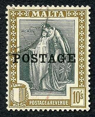 Malta SG156 10/- opt POSTAGE fine used Cat 22 pounds