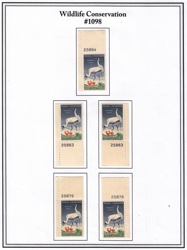 United States, #1098, Four Corner Plate# singles set plus 5 other singles