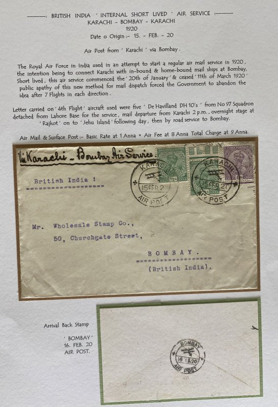 1920 Karachi India First Local Flight Airmail Cover To Bombay Imperial Airways