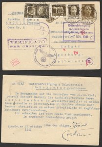 ITALY TO GERMANY - CENSORSHIP  POSTCARD, STATIONERY - MULTI-FRANKED  - 1941.