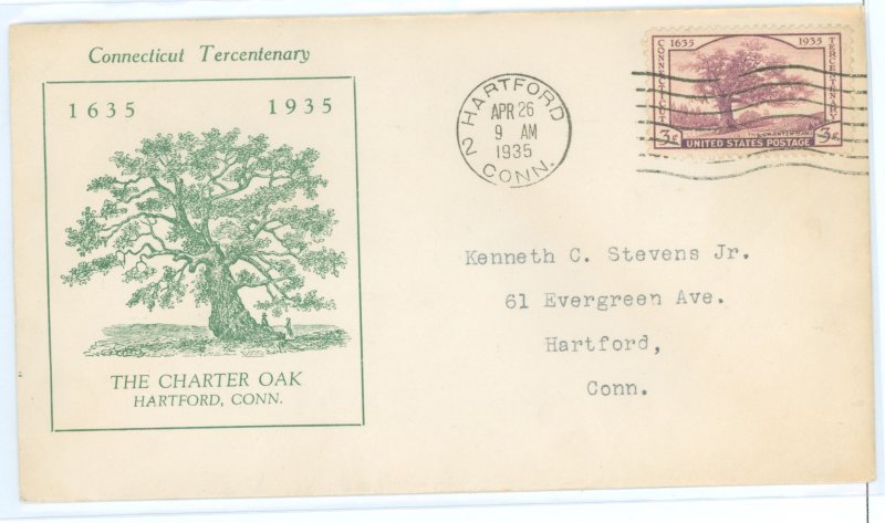 US 772 1935 3c Connecticut Tercentenary (Charter Oak) single on an addressed (typed) FDC with a Dodd cachet (first).