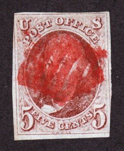 US 1 5c Franklin Used w/ Red Grid Cancel SCV $400