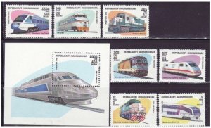 Malagasy - Locomotives on Stamps - 7 Stamp  Set & S/S 1200-7