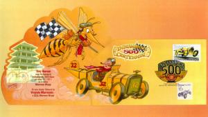 Indianapolis 500 Centennial -- Racer Chased By Giant Bug on Colorful Pop-Up  FDC