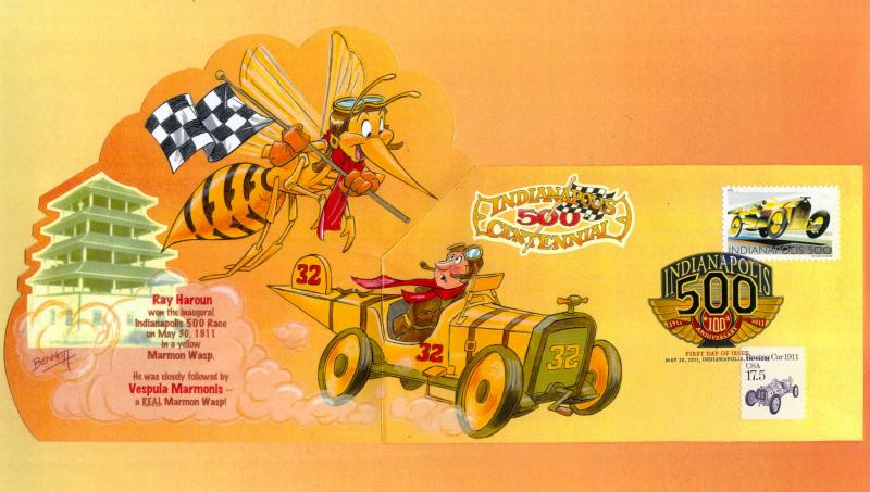 Indianapolis 500 Centennial -- Racer Chased By Giant Bug on Colorful Pop-Up  FDC