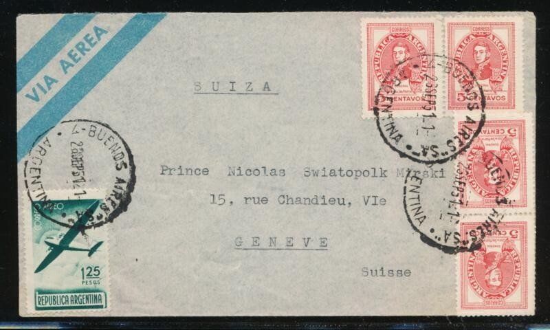 ARGENTINA POSTAL HISTORY 1951 AIR MAIL TO SWITZERLAND