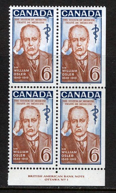 Canada # 495 Sir Wm Osler  PB4  Pl.1-LR  (1) Mint NH