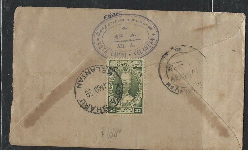 MALAYA KELANTAN   (PP1008B) COVER  1939  CHIEFS HAT 8C KOTA BHARU  TO INDIA