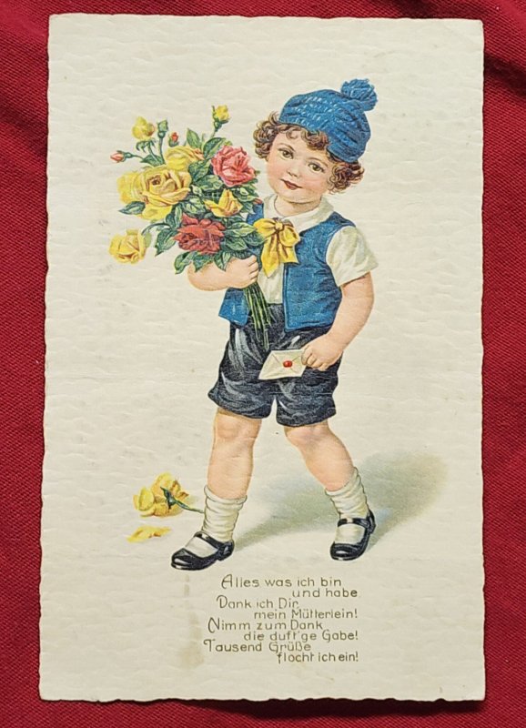 WW2 WWII Nazi German Third Reich color postcard Germany 1933 child w flowers