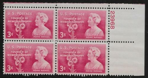 1948 Moina Michael Memorial Poppy Plate Blk of 4 3c Stamps, Sc#977, MNH, OG