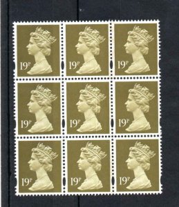 19p MACHIN UNMOUNTED MINT BLOCK OF 9 + PRINTING VARIETY TO MIDDLE STAMPS