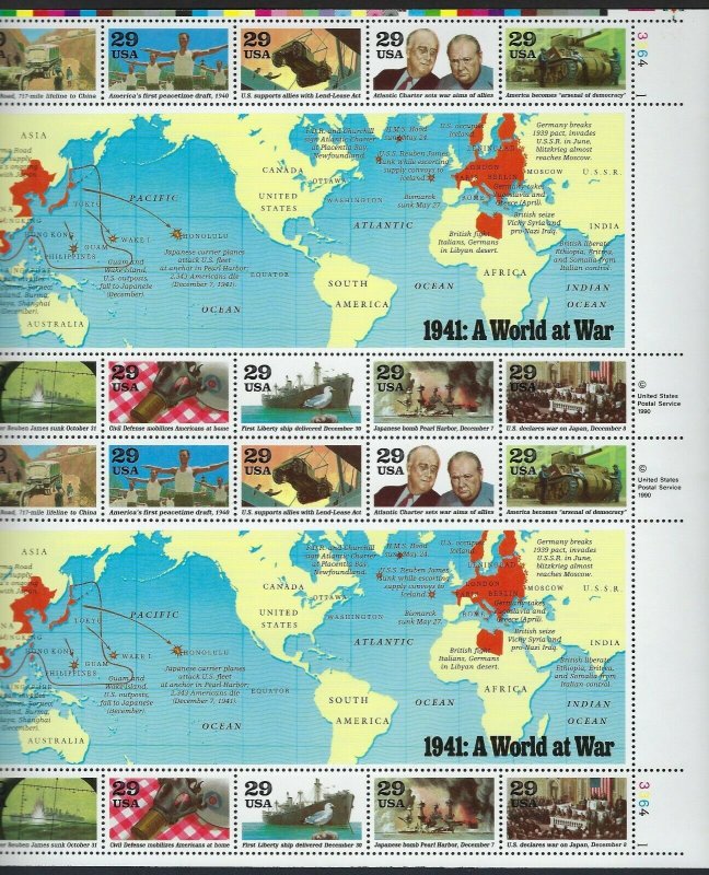 U.S.#2559 1941 WORLD WAR II EVENTS  MINT, VF, NH   FULL SHEET @ FACE VALUE!