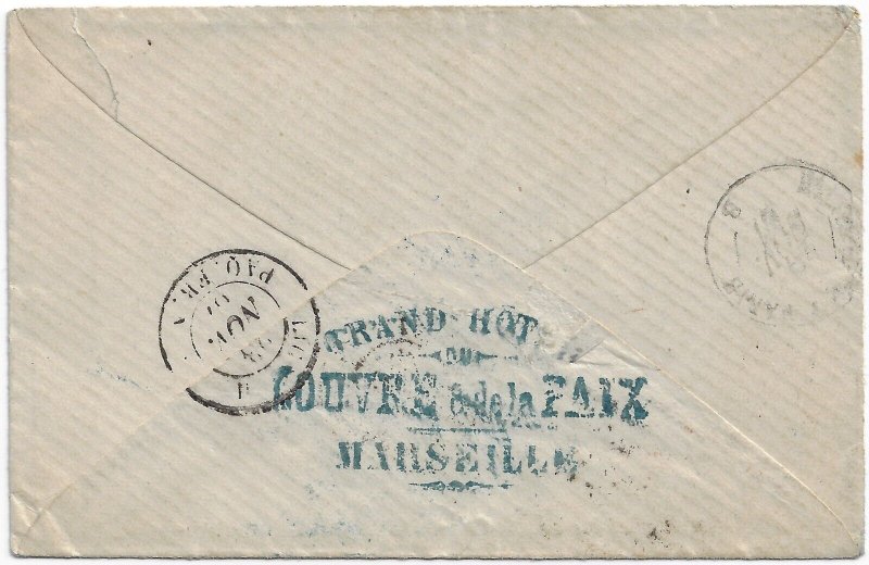 France  Sc. 28, cvr Marseille to Boston MA  via “Ligne H”, Havre-NY,  1867(a3262