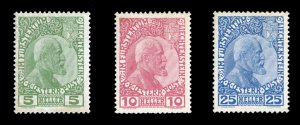 Liechtenstein #1-3 Cat$212.50, 1912 5h-25h, set of three, hinge remnants