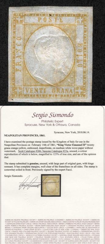  Italy Neapolitan SC26b Sassone 23a Lrg Part OG Hinge Remnant 4 Margins Sismondo